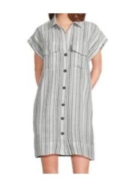Madewell Sammy Dress~Size L~Black White Striped Print 100% Linen DAMAGE~L5 17